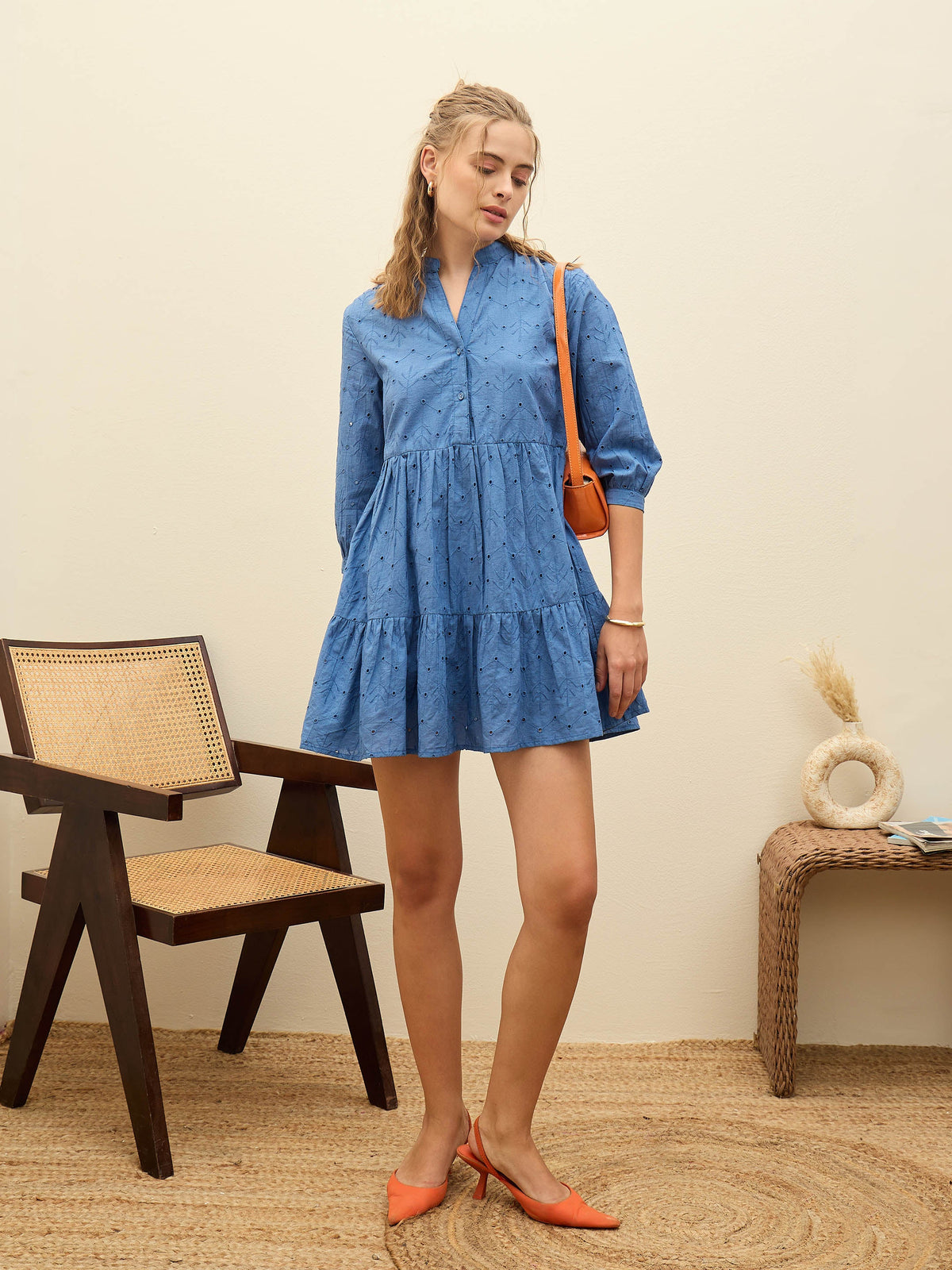 Blue Schiffli Mandarin Collar Short Dress-SASSAFRAS
