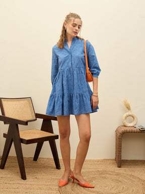 Blue Schiffli Mandarin Collar Short Dress-SASSAFRAS