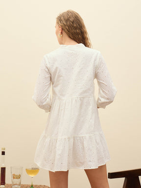 White Schiffli Mandarin Collar Short Dress-SASSAFRAS