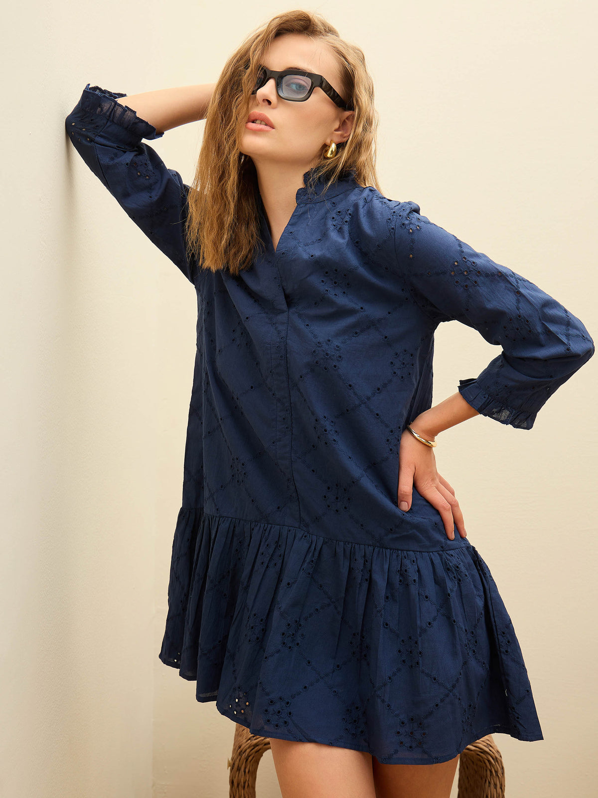 Women Navy Schiffli Frill Neck Short Dress