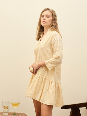 Ecru Schiffli frill Neck Short Dress-SASSAFRAS