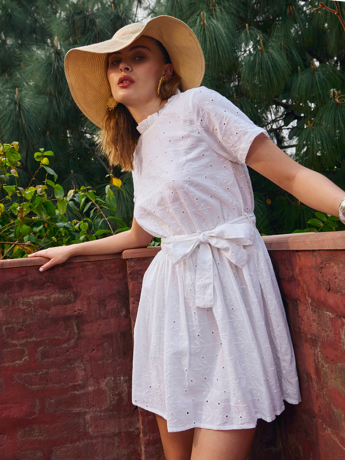 White Schiffli Round Neck Belted Short Dress-SASSAFRAS