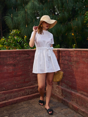 White Schiffli Round Neck Belted Short Dress-SASSAFRAS