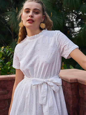 White Schiffli Round Neck Belted Short Dress-SASSAFRAS
