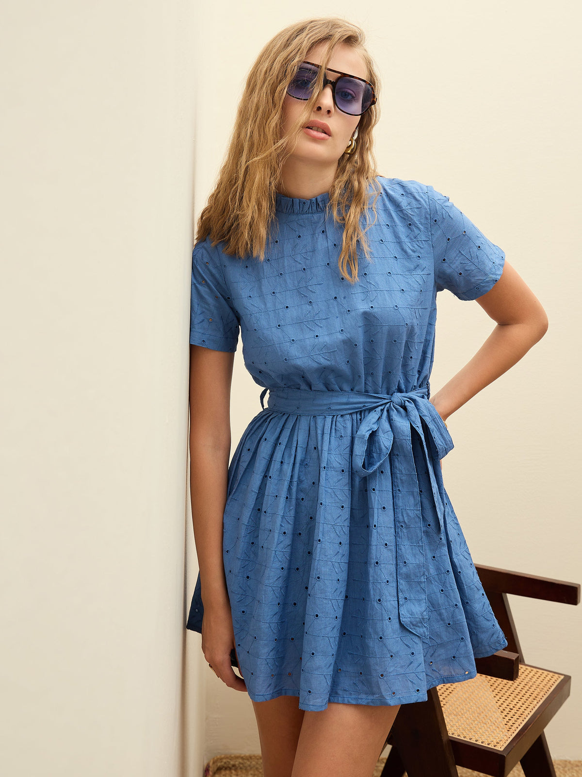 Blue Schiffli Round Neck Belted Short Dress-SASSAFRAS