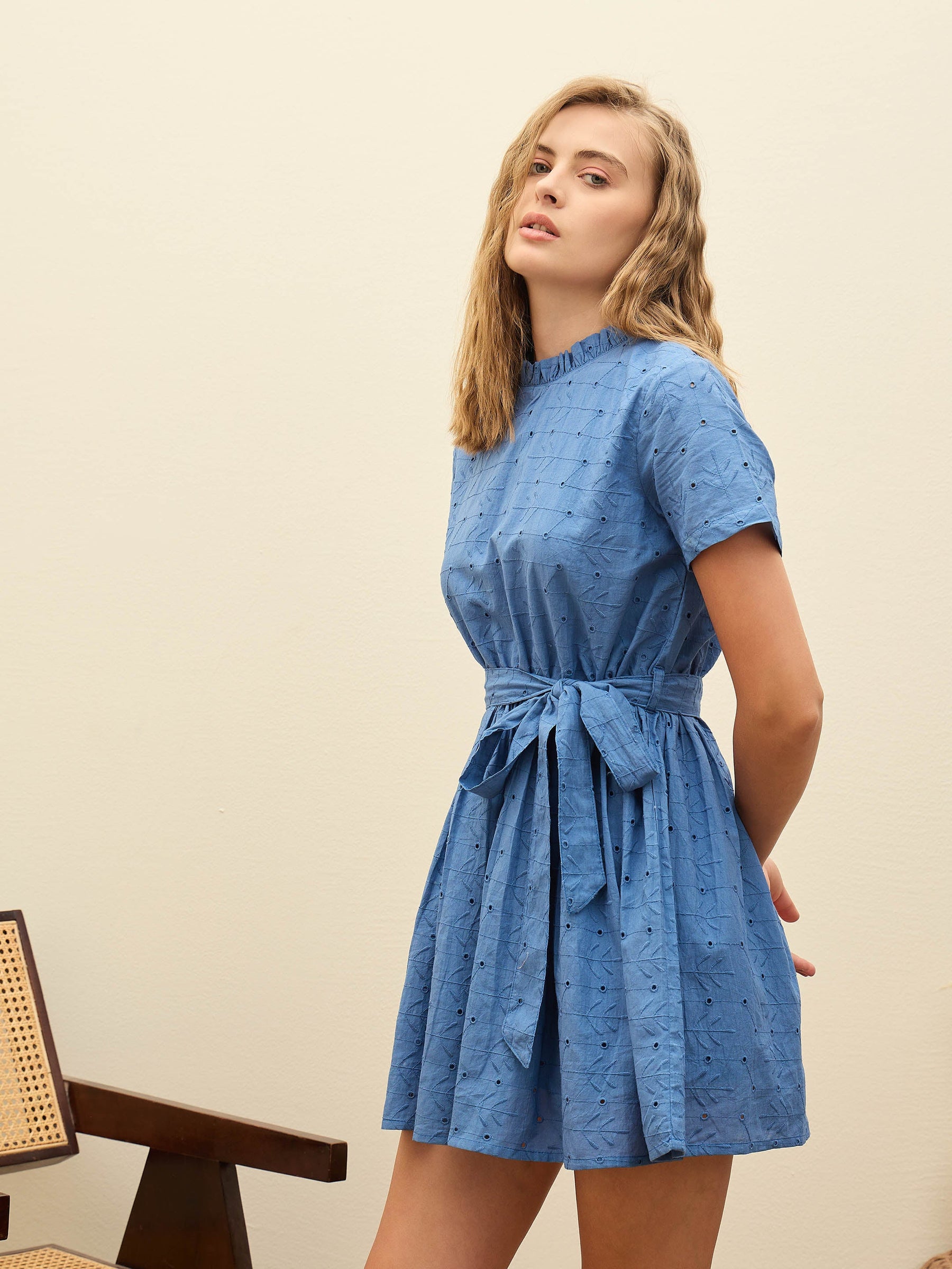 Blue Schiffli Round Neck Belted Short Dress-SASSAFRAS