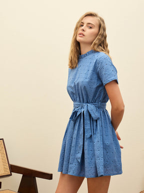 Blue Schiffli Round Neck Belted Short Dress-SASSAFRAS