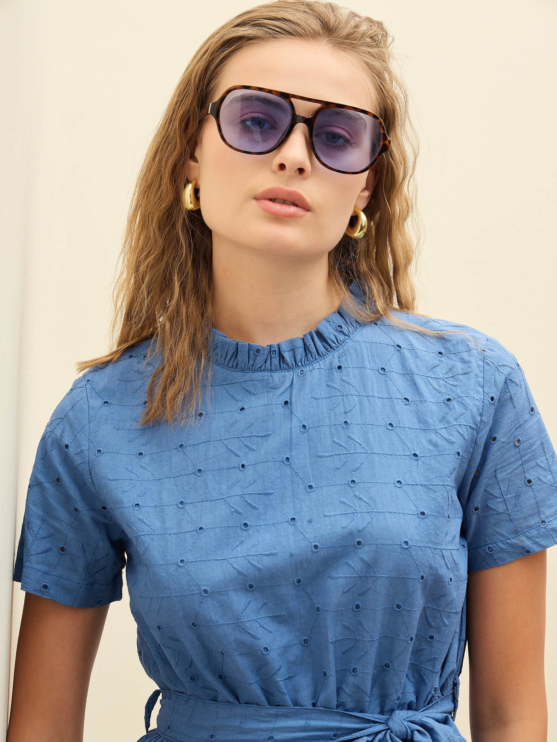 Blue Schiffli Round Neck Belted Short Dress-SASSAFRAS