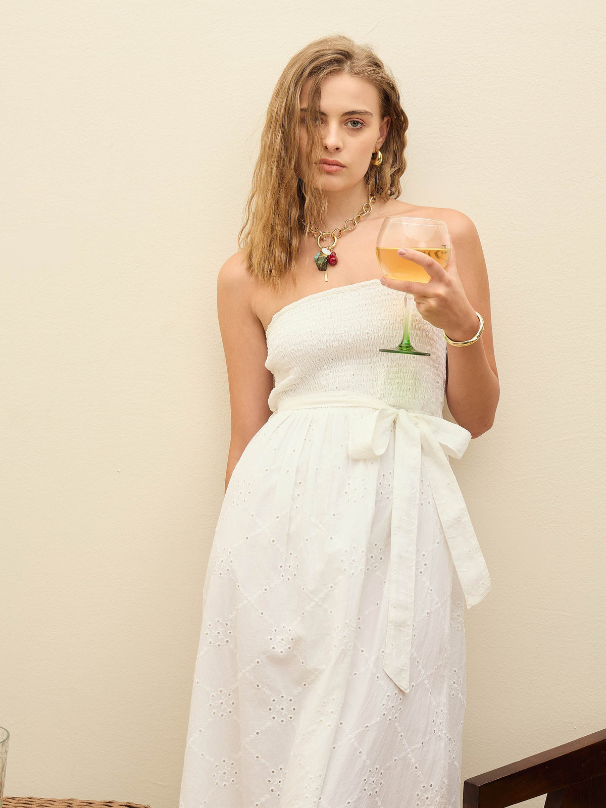 White Schiffli Smocking Detail Midi Dress-SASSAFRAS