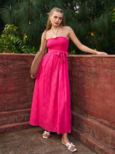 Fuchsia Schiffli Smocking Detail Midi Dress-SASSAFRAS