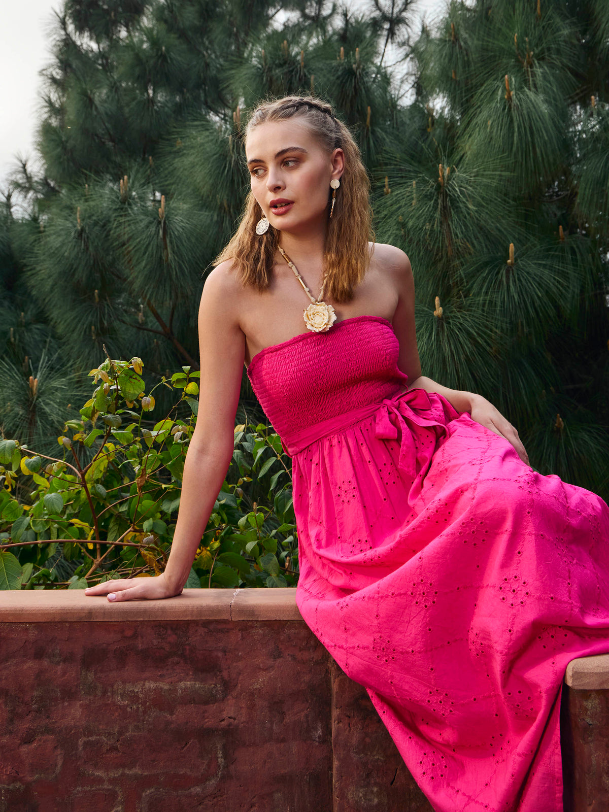 Fuchsia Schiffli Smocking Detail Midi Dress-SASSAFRAS