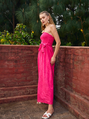 Fuchsia Schiffli Smocking Detail Midi Dress-SASSAFRAS