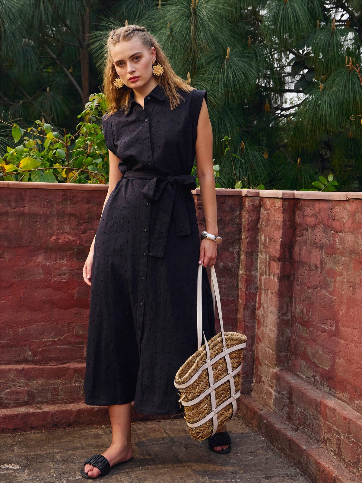 Black Schiffli Button Down Midi Dress-SASSAFRAS