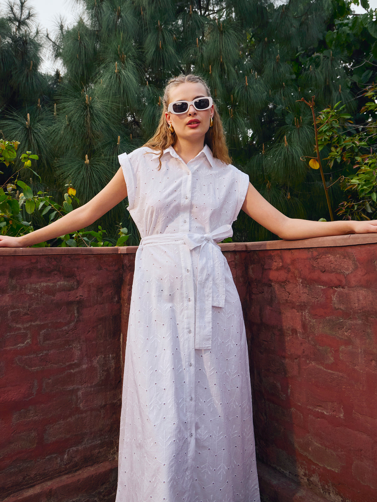 Women White Schiffli Button Down Midi Dress