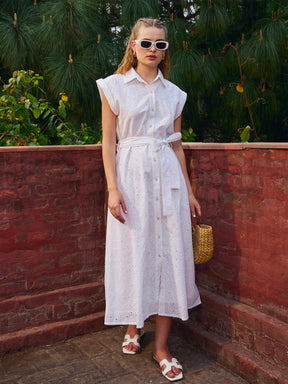 White Schiffli Button Down Midi Dress-SASSAFRAS