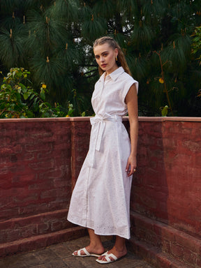 White Schiffli Button Down Midi Dress-SASSAFRAS