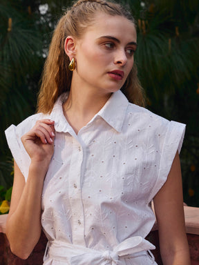 White Schiffli Button Down Midi Dress-SASSAFRAS