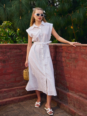 Women White Schiffli Button Down Midi Dress