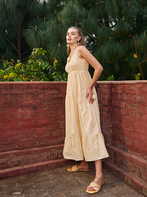 Ecru Schiffli V-Neck Smocked Back Strappy Midi Dress-SASSAFRAS