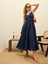 Navy Schiffli V-Neck Smocked Back Strappy Midi Dress-SASSAFRAS