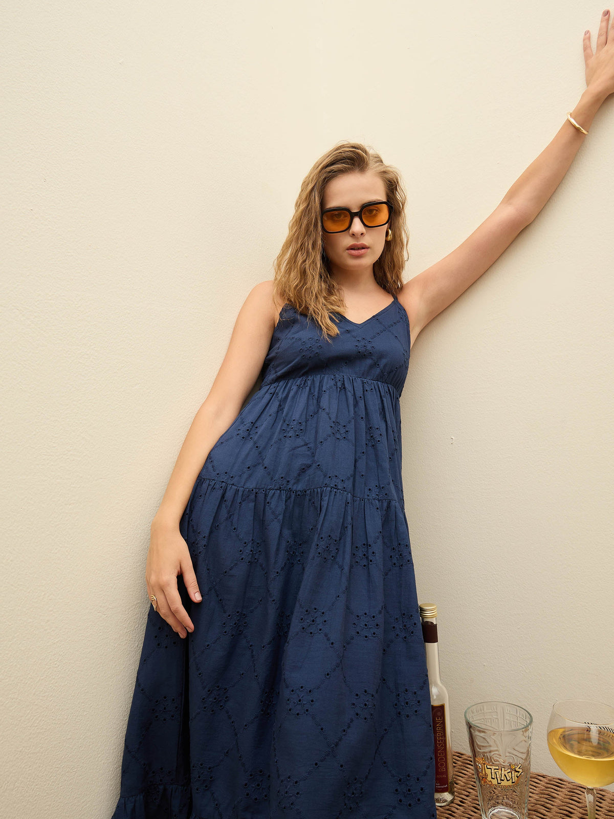 Navy Schiffli V-Neck Smocked Back Strappy Midi Dress-SASSAFRAS