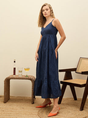 Navy Schiffli V-Neck Smocked Back Strappy Midi Dress-SASSAFRAS