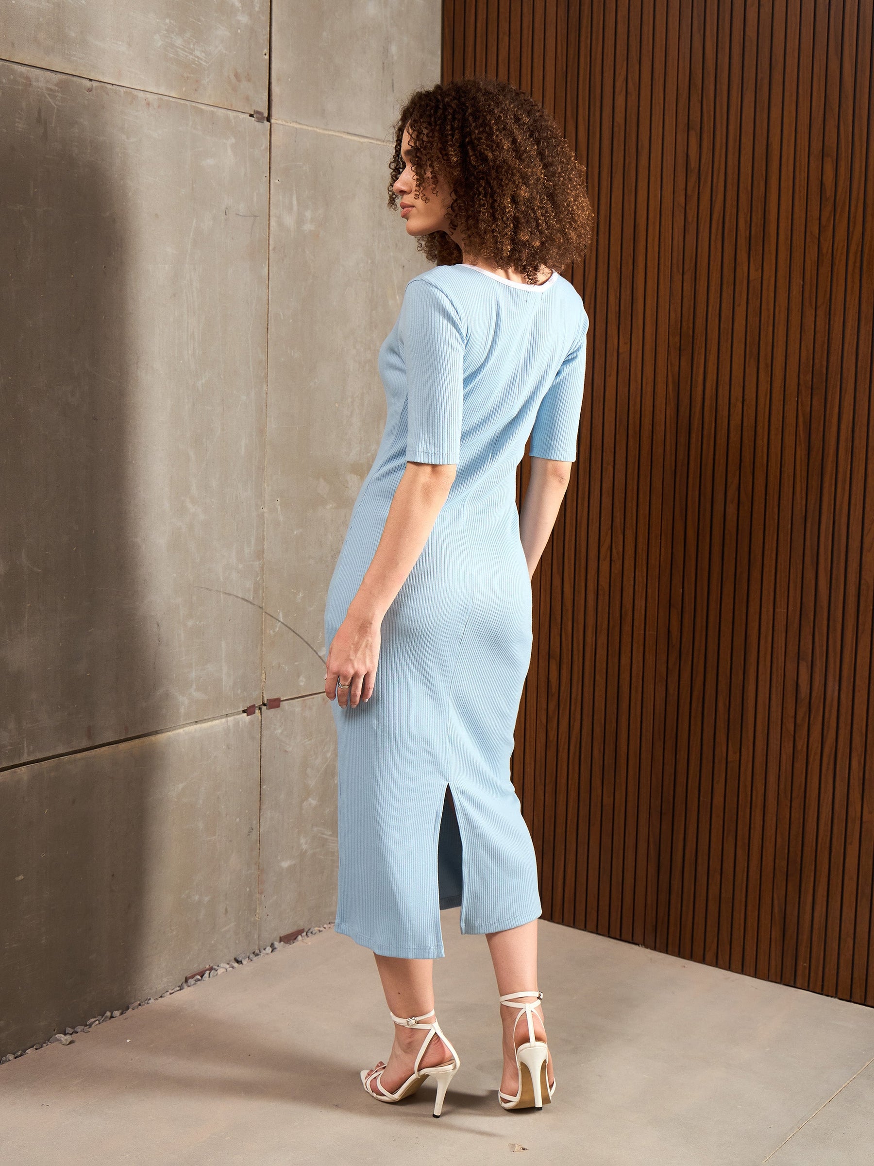 Blue Rib Sweatheart Contrast Neck Midi Dress-SASSAFRAS