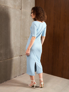 Blue Rib Sweatheart Contrast Neck Midi Dress-SASSAFRAS