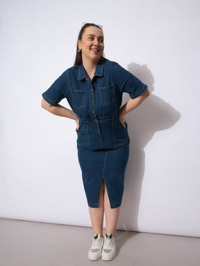 Navy Wash Denim Front Slit Midi Dress-SASSAFRAS Curve