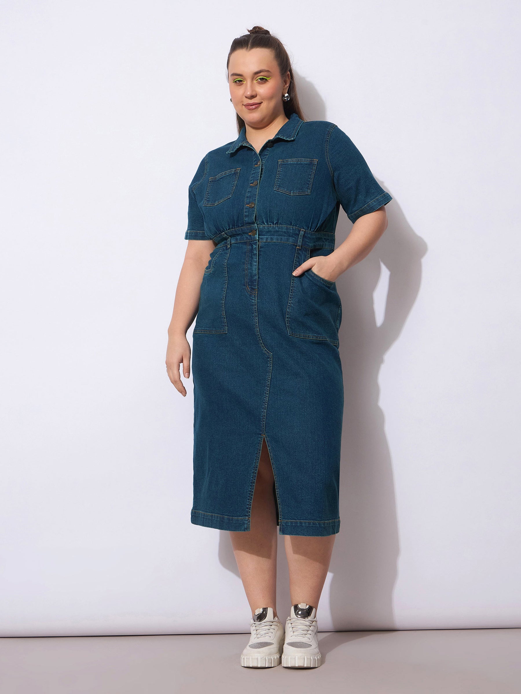 Navy Wash Denim Front Slit Midi Dress-SASSAFRAS Curve