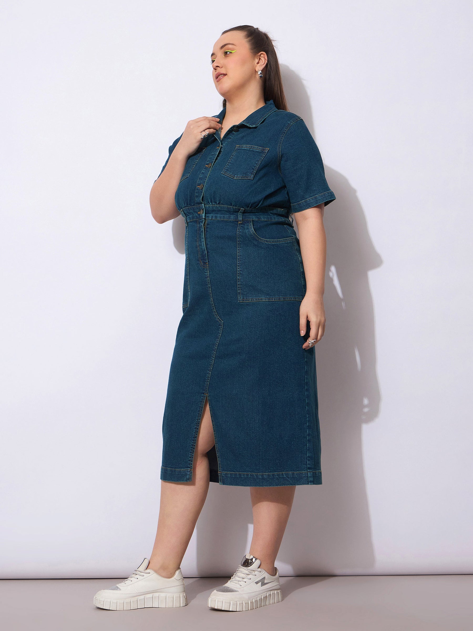 Navy Wash Denim Front Slit Midi Dress-SASSAFRAS Curve