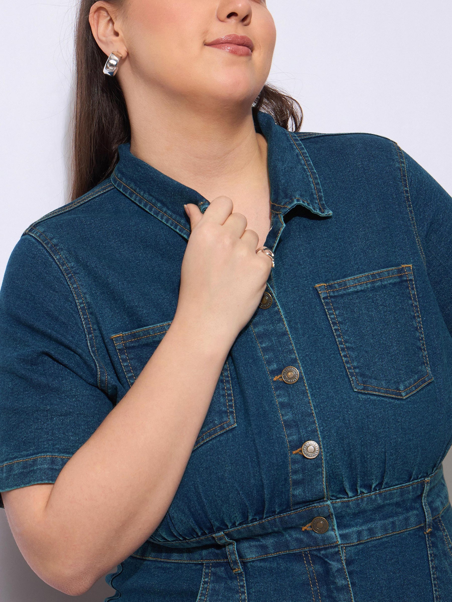 Navy Wash Denim Front Slit Midi Dress-SASSAFRAS Curve