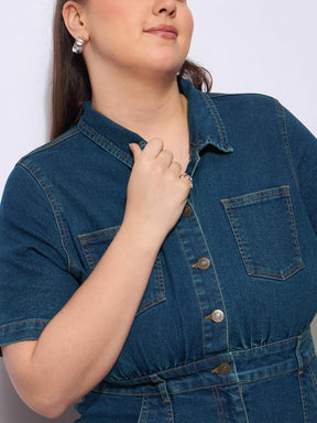 Navy Wash Denim Front Slit Midi Dress-SASSAFRAS Curve