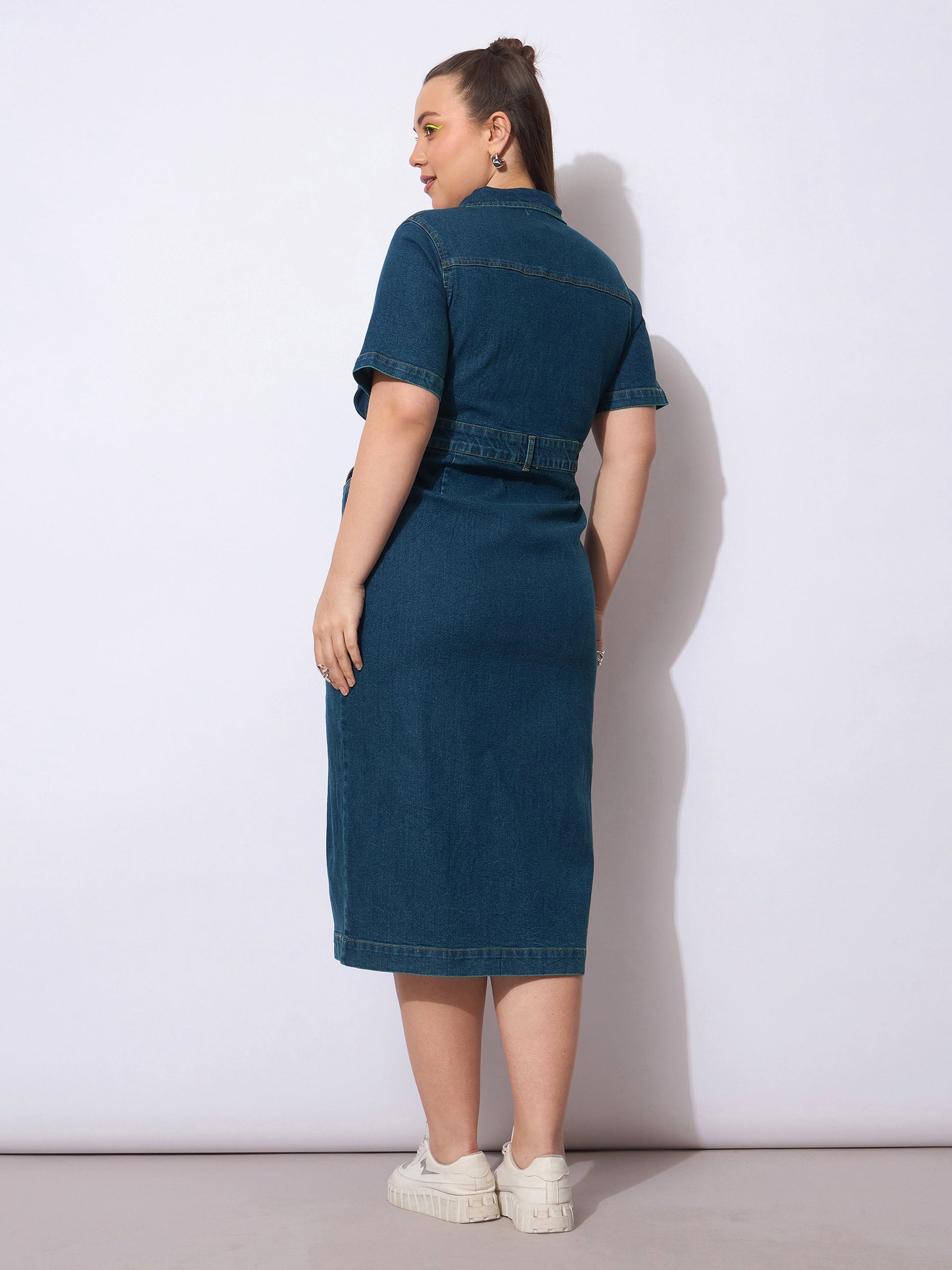 Navy Wash Denim Front Slit Midi Dress-SASSAFRAS Curve