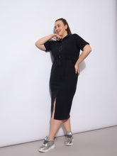 Black Wash Denim Front Slit Midi Dress-SASSAFRAS Curve