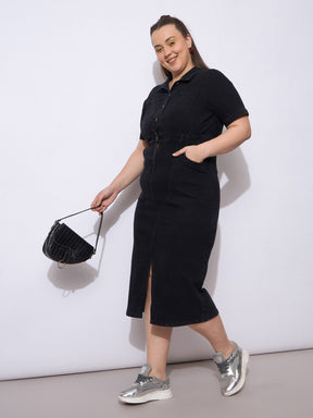 Black Wash Denim Front Slit Midi Dress-SASSAFRAS Curve