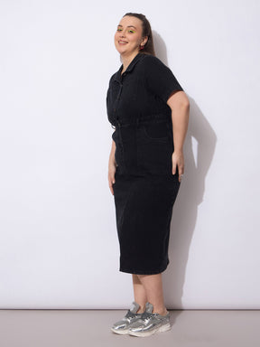 Black Wash Denim Front Slit Midi Dress-SASSAFRAS Curve