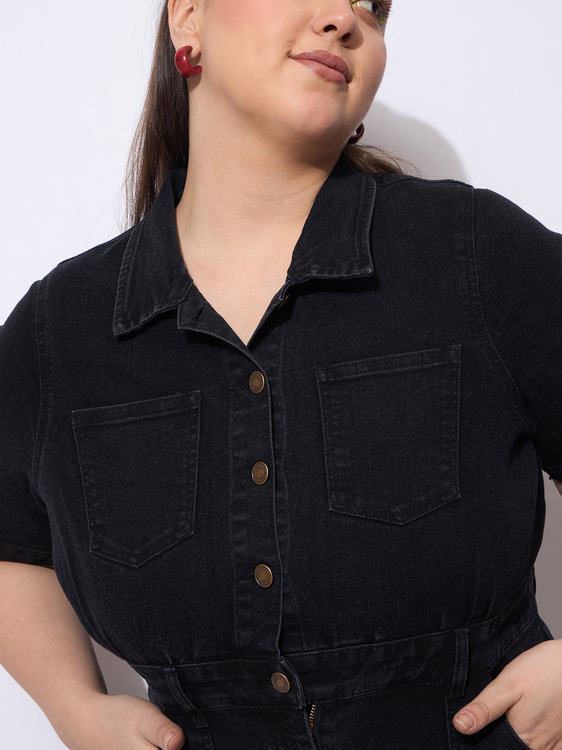 Black Wash Denim Front Slit Midi Dress-SASSAFRAS Curve