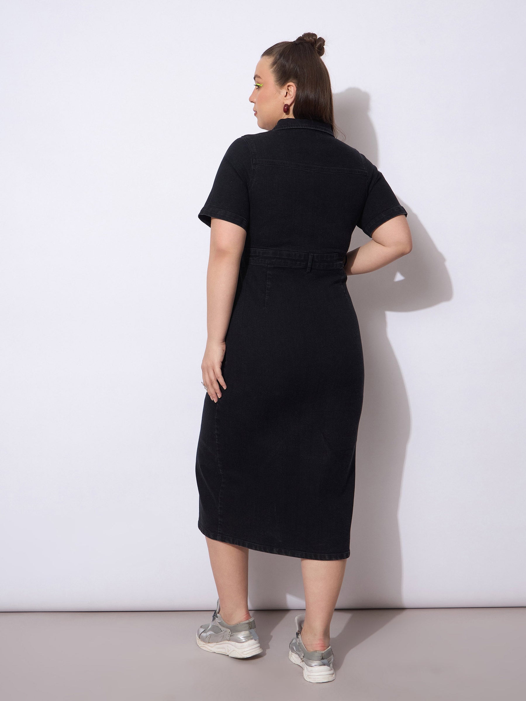 Black Wash Denim Front Slit Midi Dress-SASSAFRAS Curve