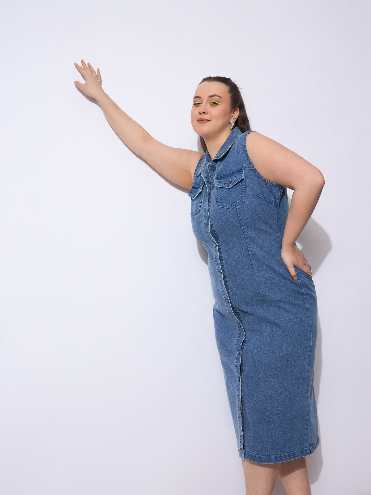 Blue Wash Denim Front Button Midi Dress-SASSAFRAS Curve