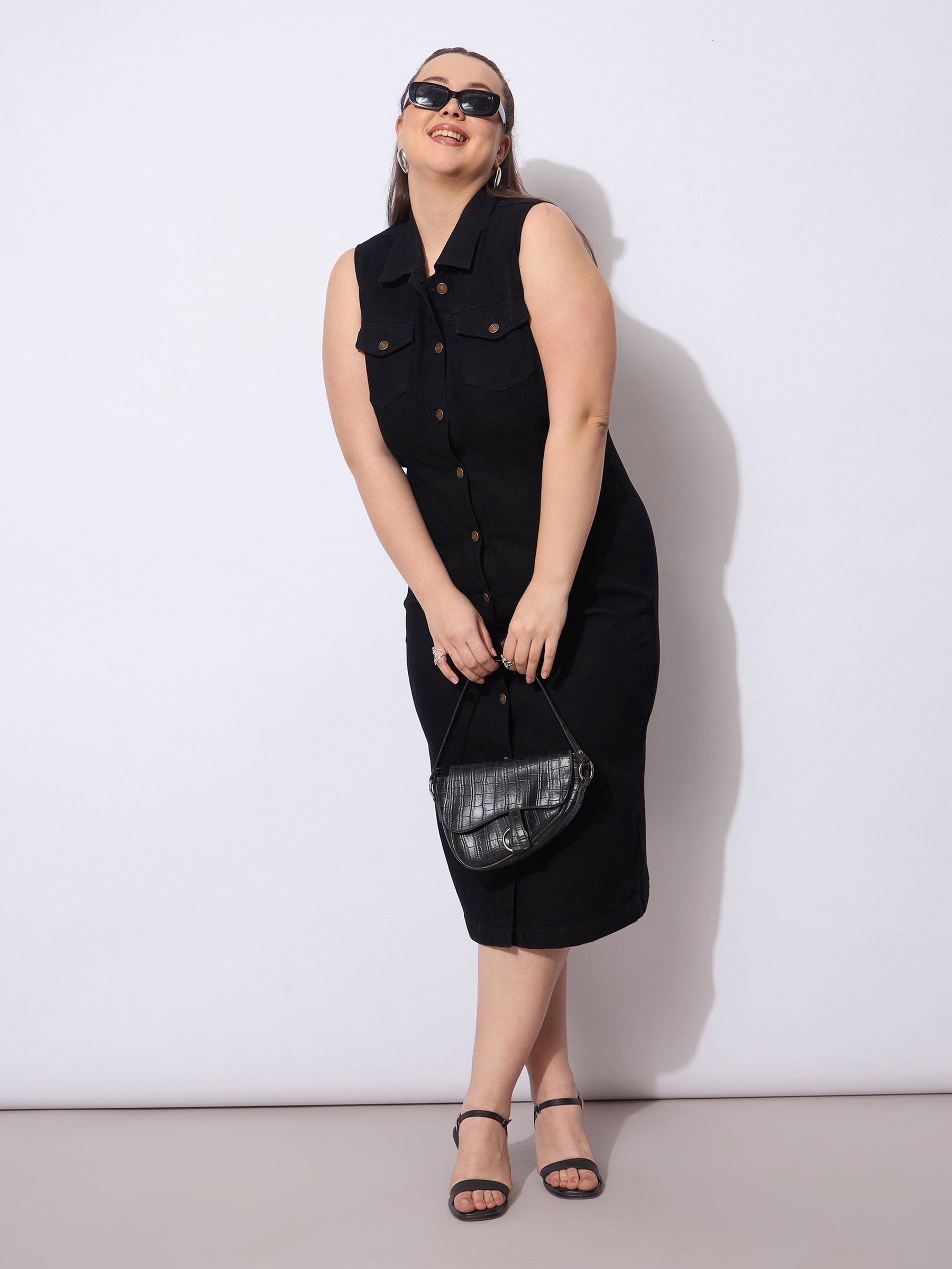 Black Wash Denim Front Button Midi Dress-SASSAFRAS Curve