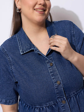 Navy Wash Denim Short Tiered Dress-SASSAFRAS Curve