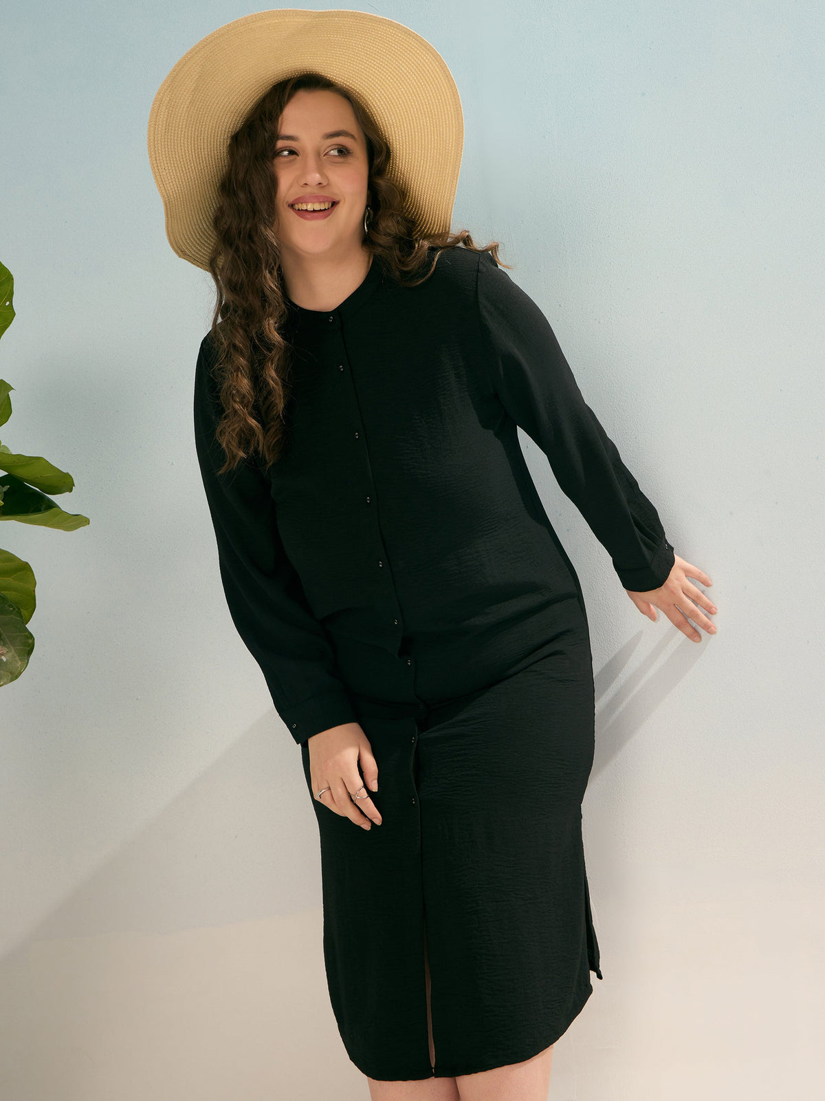 Black Front Button Midi Dress-SASSAFRAS Curve
