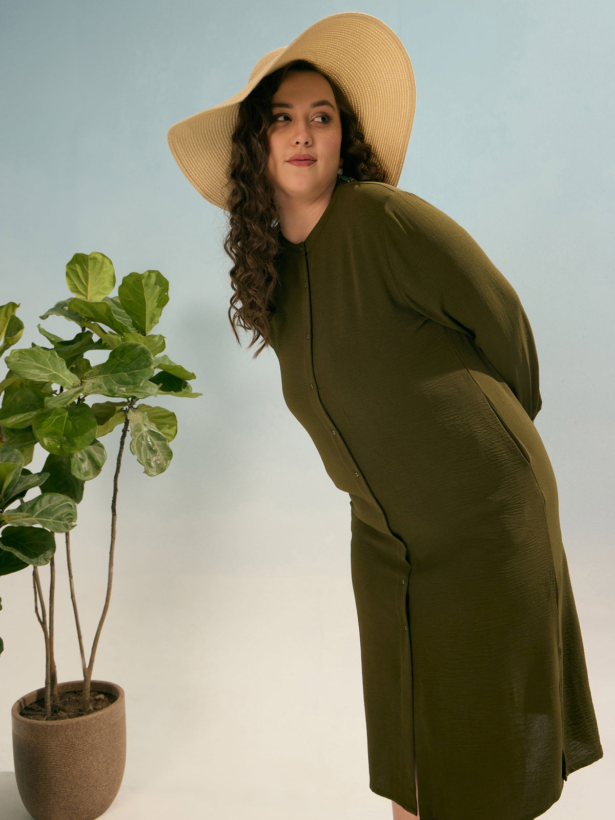 Olive Front Button Midi Dress-SASSAFRAS Curve