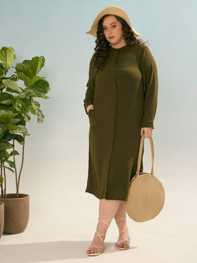 Olive Front Button Midi Dress-SASSAFRAS Curve