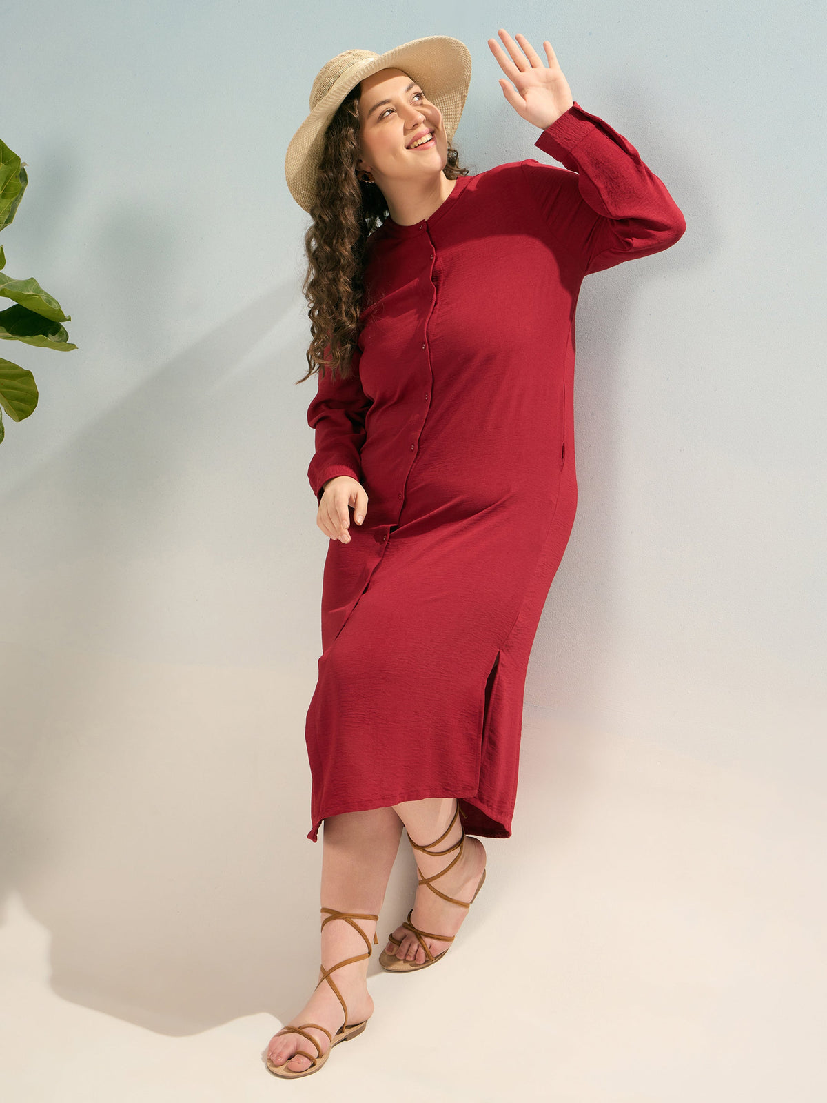 Maroon Front Button Midi Dress-SASSAFRAS Curve