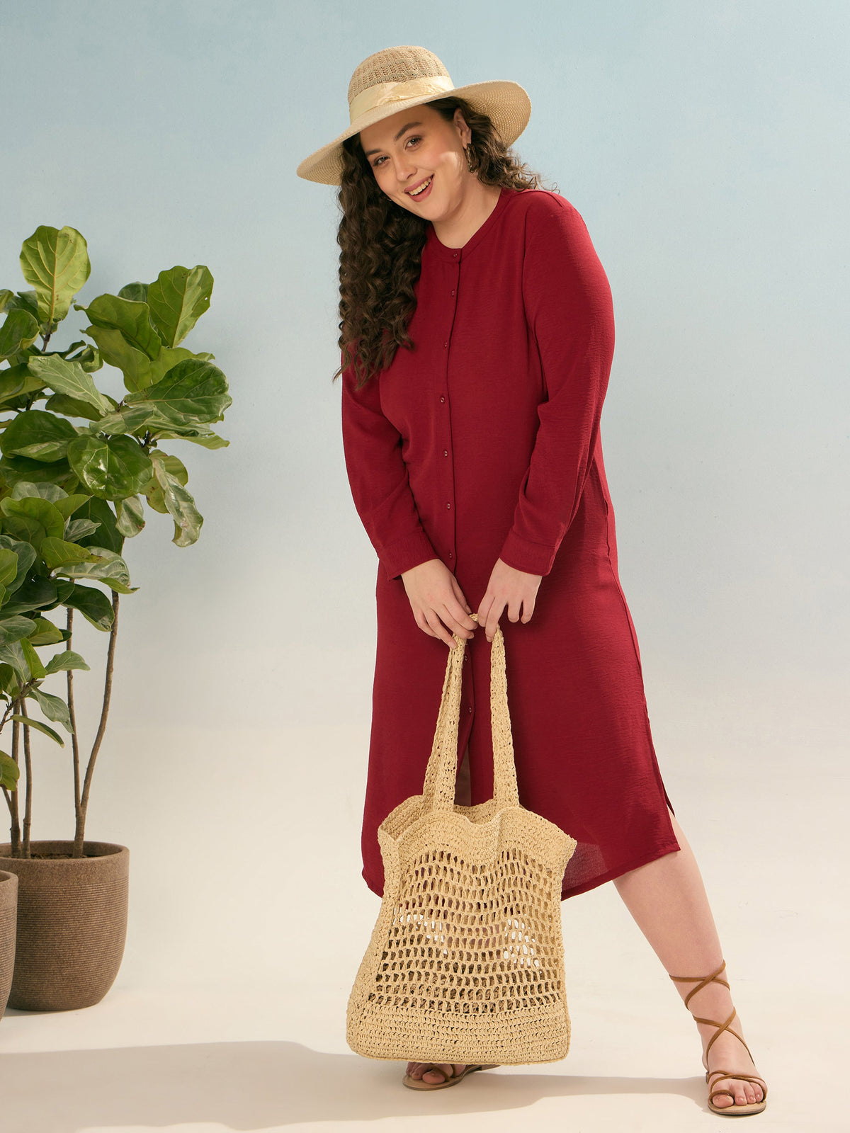 Maroon Front Button Midi Dress-SASSAFRAS Curve