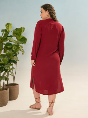 Maroon Front Button Midi Dress-SASSAFRAS Curve