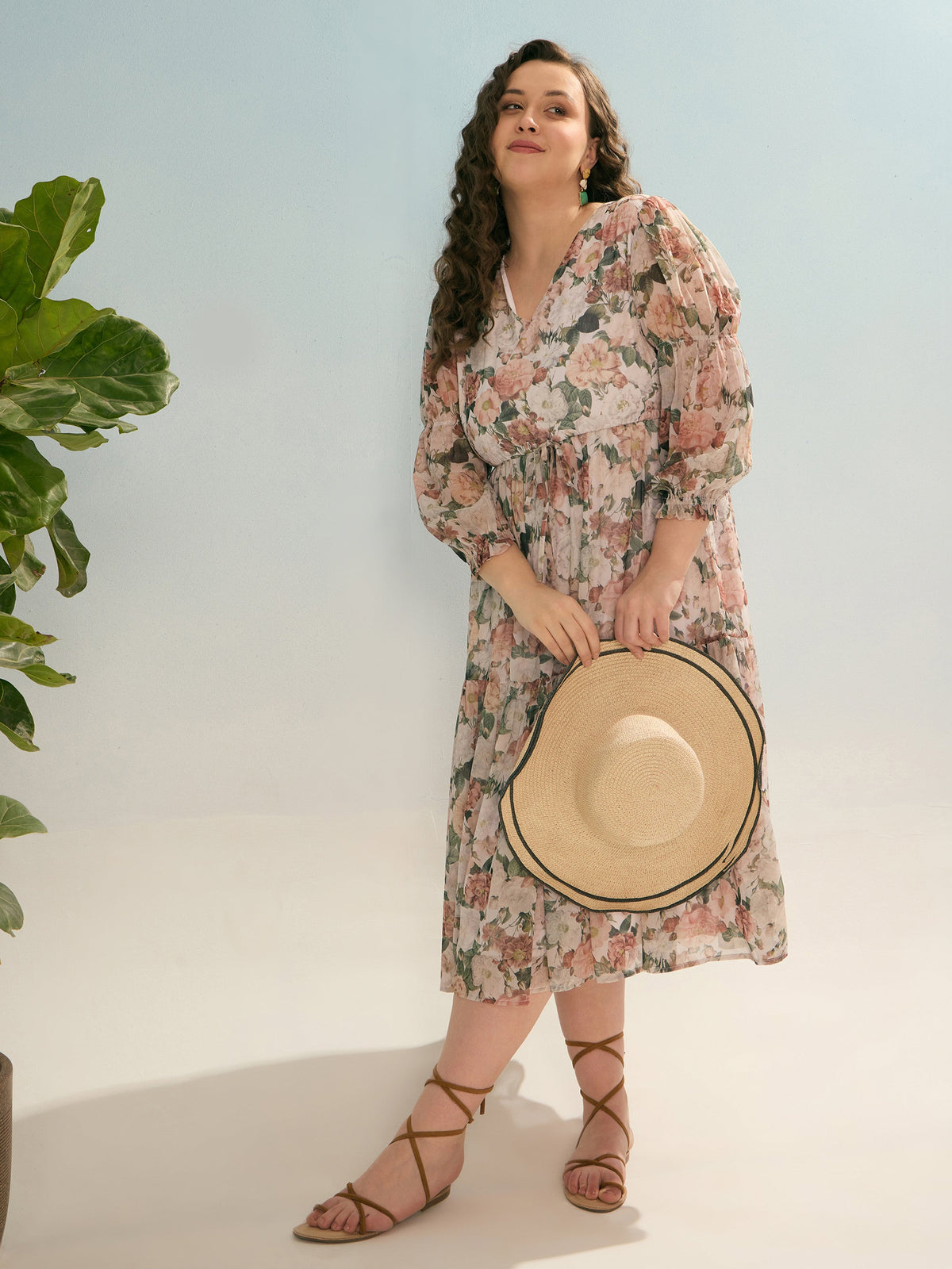 Off White Floral Tiered Midi Dress-SASSAFRAS Curve