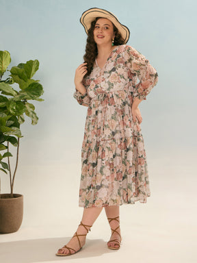 Off White Floral Tiered Midi Dress-SASSAFRAS Curve